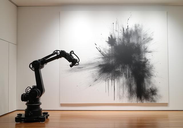 巨大なキャンバスに墨絵を描く大型ロボットアームの展示